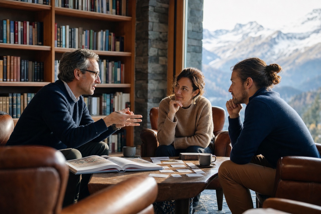 Three adults learning together in a sunlit alpine library