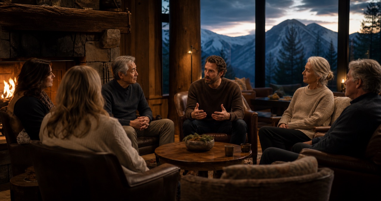 An intergenerational group in a trusted conversation beside a stone fireplace