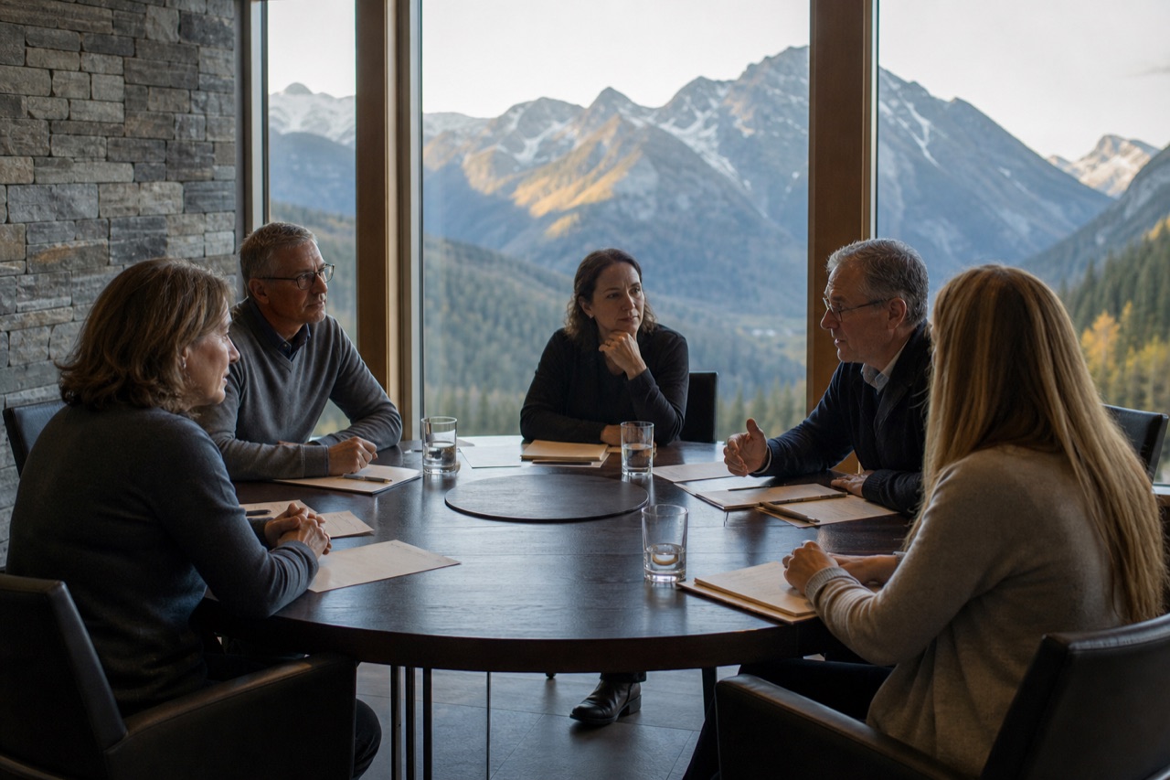 A balanced roundtable discussion in a mountain meeting space