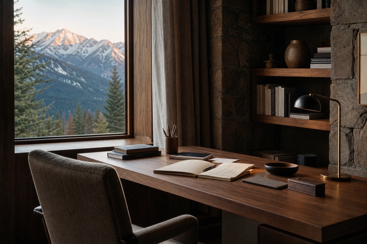 A quiet private alpine study with a walnut writing desk