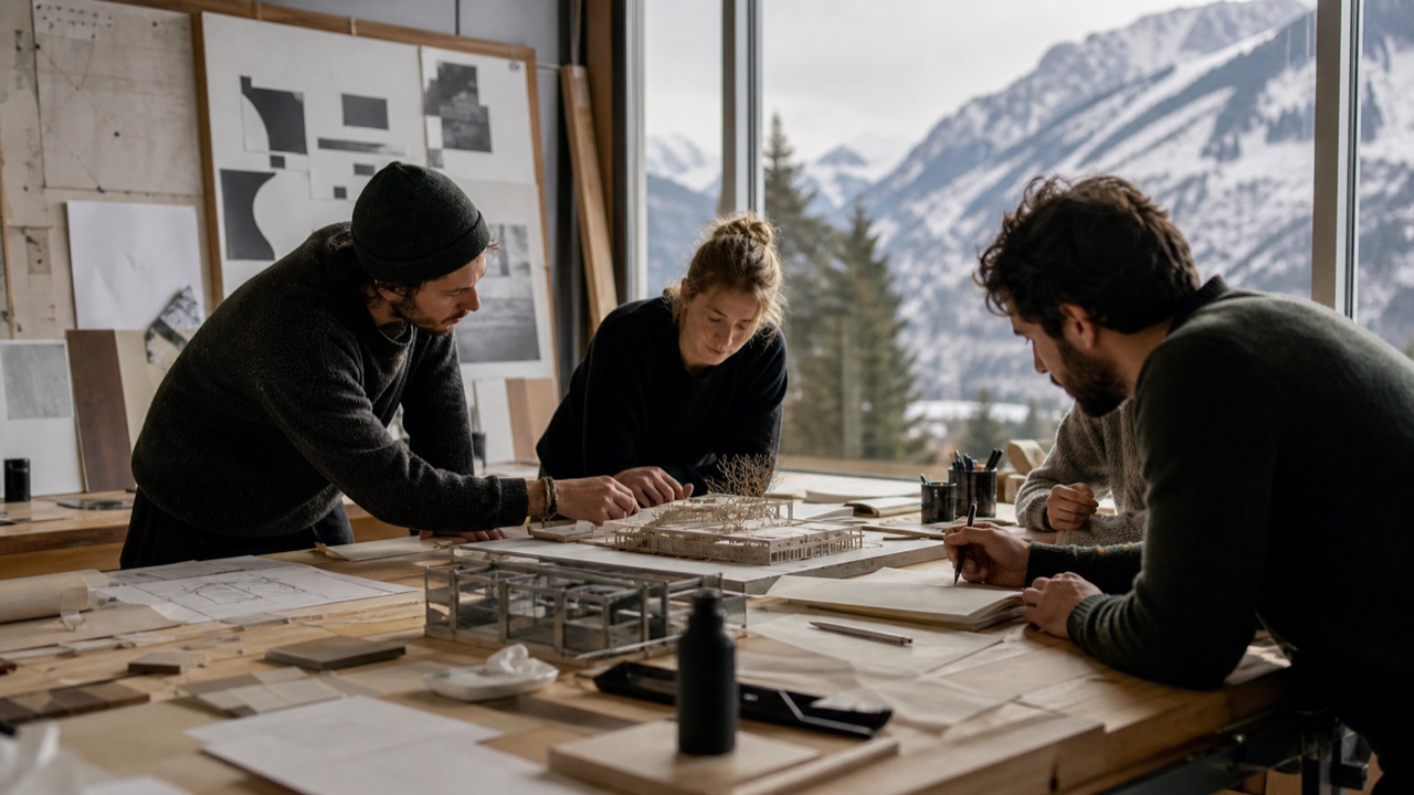 A project team reviewing a physical model in an alpine design studio
