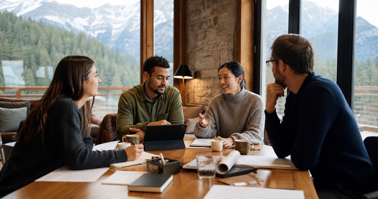 A small team collaborating around a table in a mountain lodge